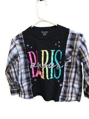 Upcycled Girl’s Cotton Plaid Tee, Oversized Paris Graphic T-Shirt Child's 8-12